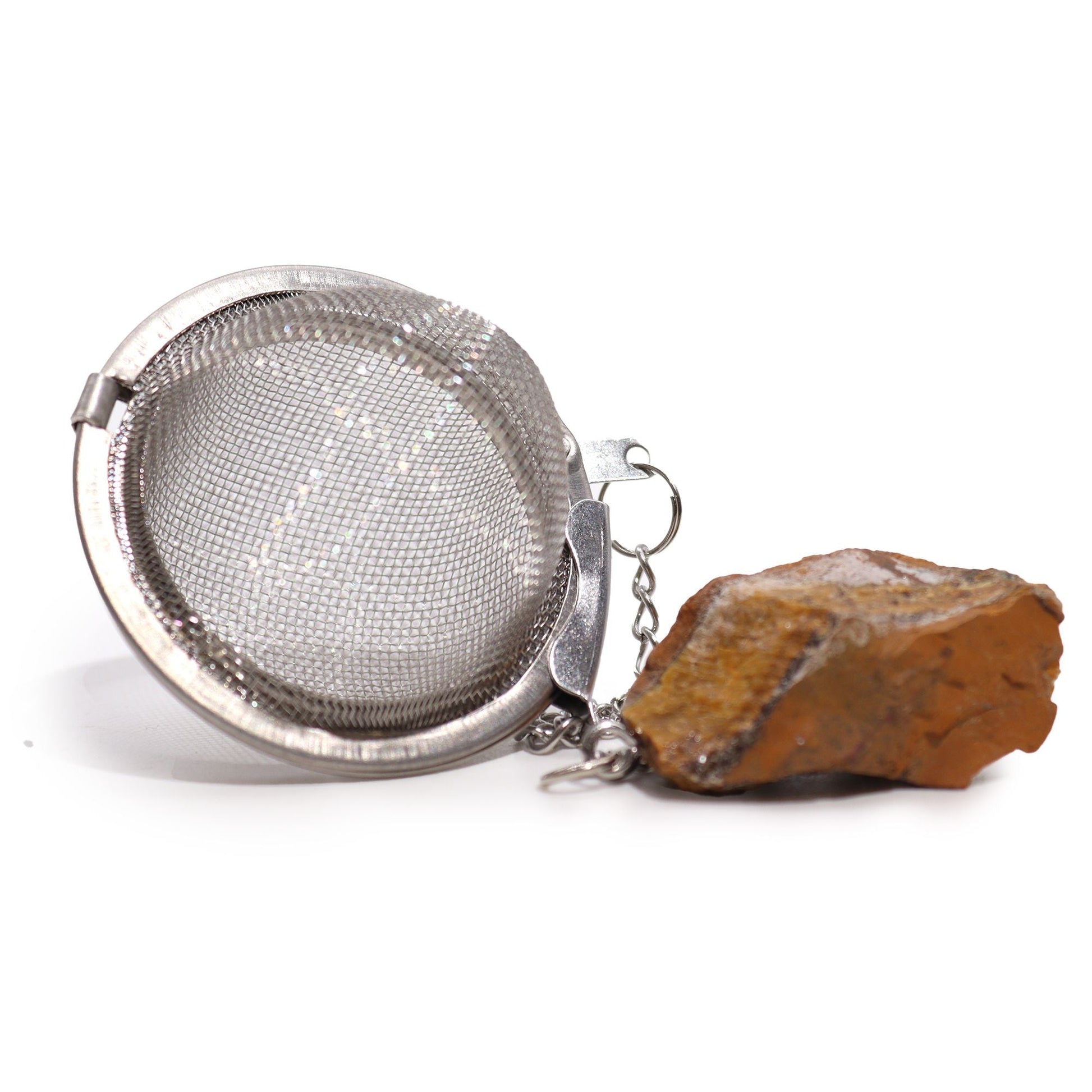 Alt Tag: Gold Tiger’s Eye Crystal Tea Strainer – 7.5x5 CM stainless steel mesh tea infuser with gold tiger’s eye gemstone charm