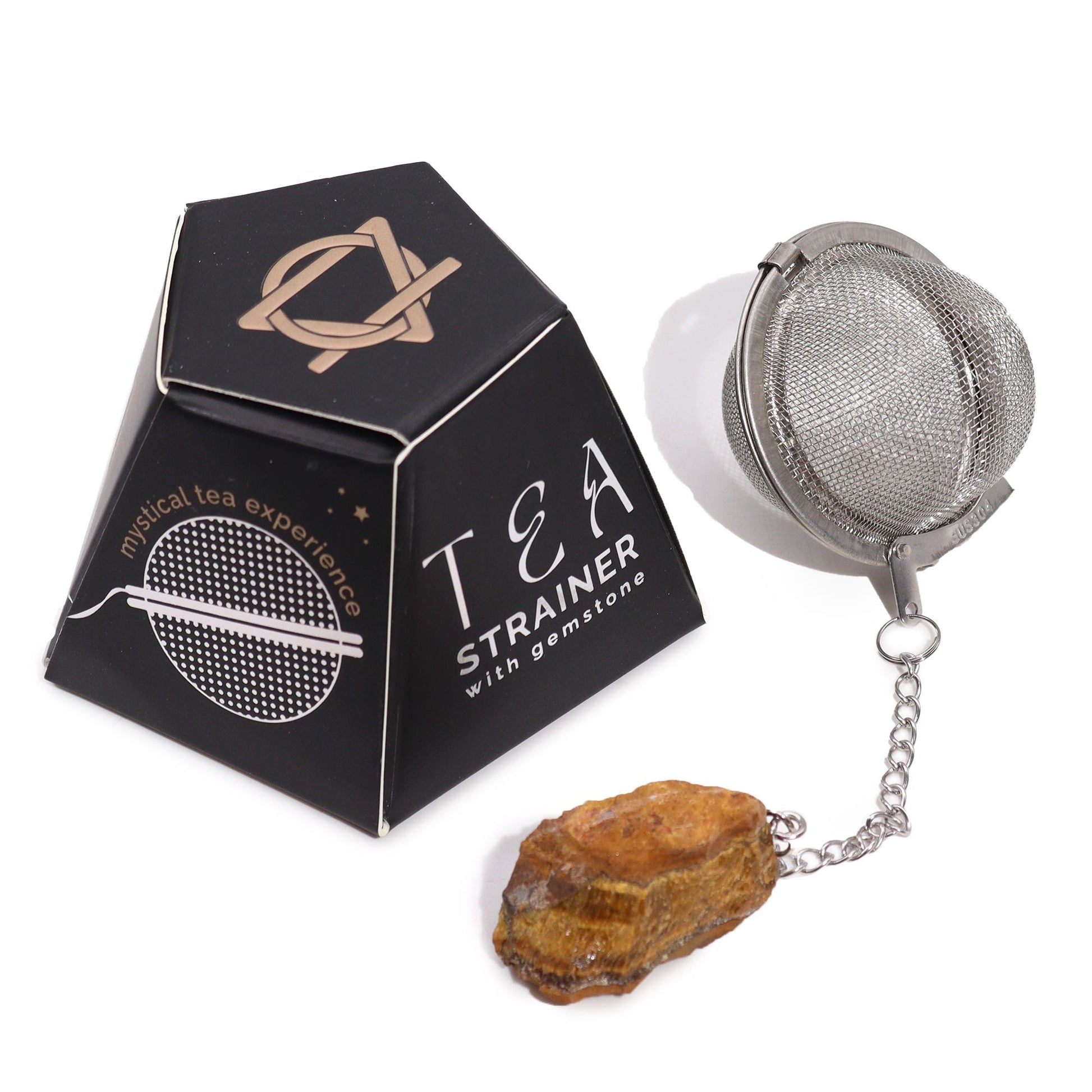 Alt Tag: Gold Tiger’s Eye Crystal Tea Strainer – 7.5x5 CM stainless steel mesh tea infuser with chain, gemstone charm and branded box