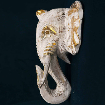 Cabeza de elefante Gold & Whitewash – decoración de pared 29x26 CM, cabeza de elefante tallada en madera de albasia con acabado dorado y whitewash