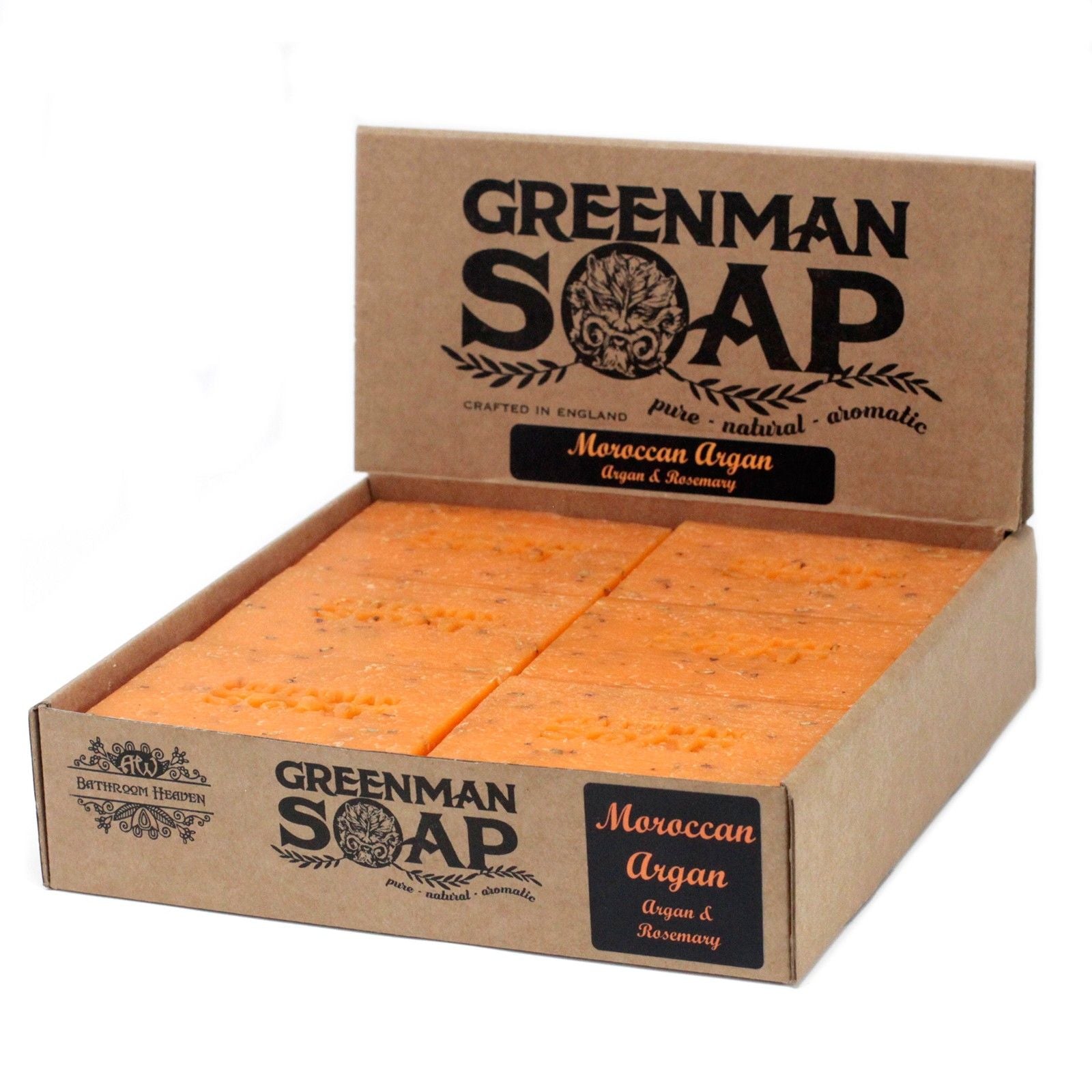 Alt Tag: Golden Argan Botanical Soap – 100G Greenman Soap, barras artesanales en caja de cartón, con aceites de argán y romero, hecho en Inglaterra