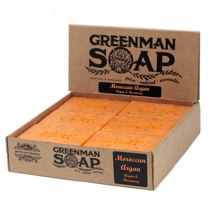 Alt Tag: Golden Argan Botanical Soap – 100G Greenman Soap, barras artesanales en caja de cartón, con aceites de argán y romero, hecho en Inglaterra
