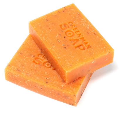 Alt Tag: Golden Argan Botanical Soap – 100G orange handcrafted bar soap with botanical speckles, Greenman Soap embossed