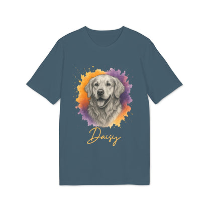 Alt Tag: Golden Retriever Personalized Sustainable Unisex Tee in blue with watercolor Golden Retriever portrait and name "Daisy"