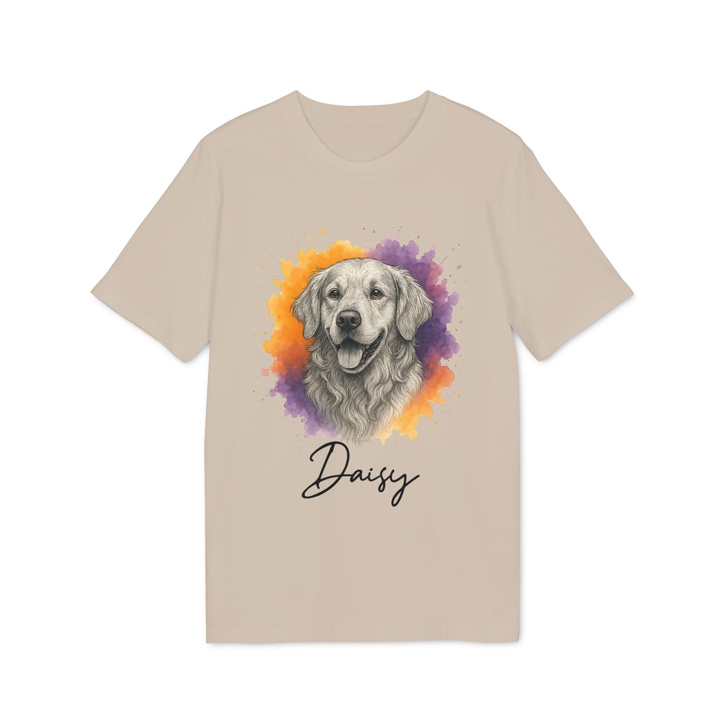 Alt Tag: Golden Retriever Personalized Sustainable Unisex Tee beige t-shirt with watercolor golden retriever portrait and "Daisy" name print