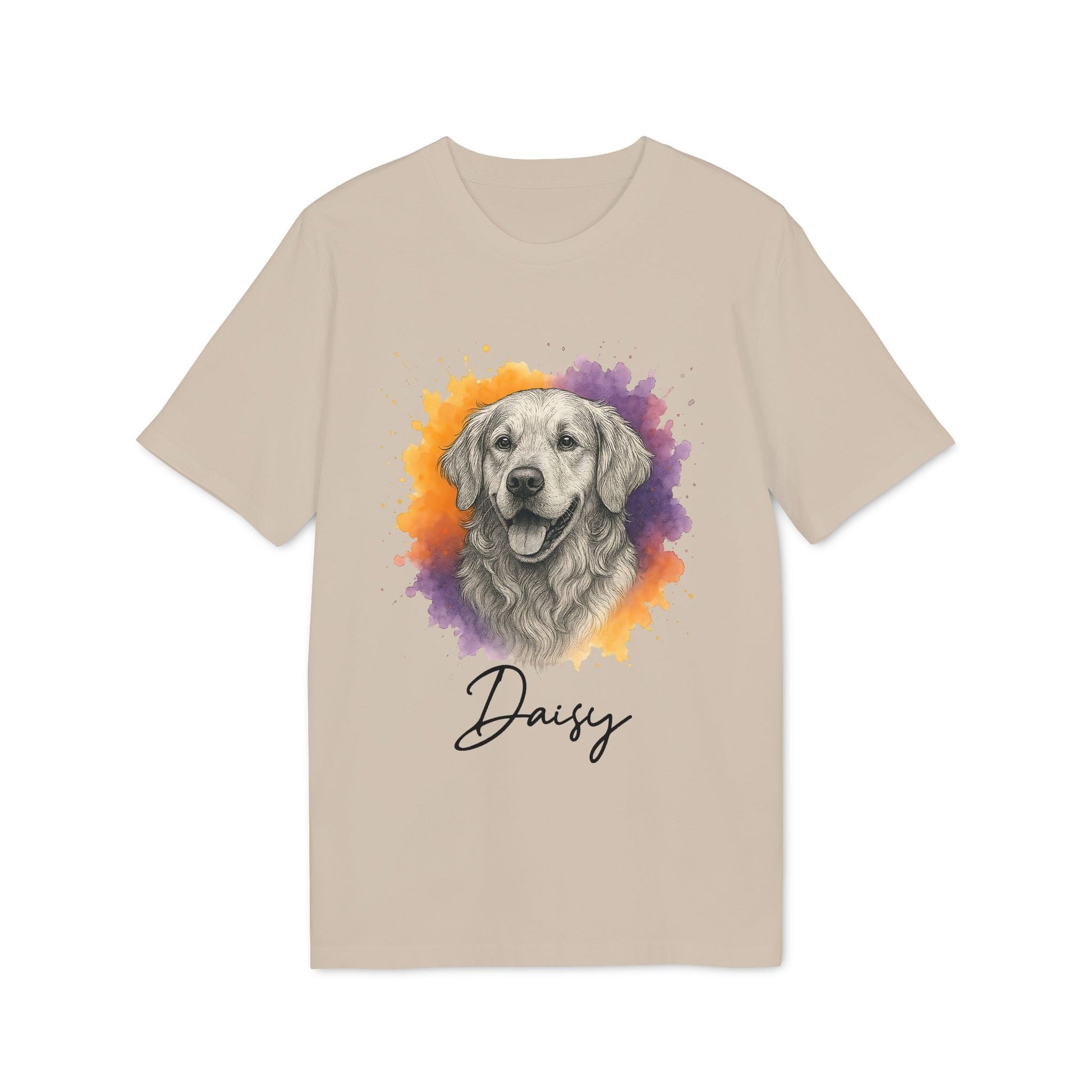Alt Tag: Golden Retriever Personalized Sustainable Unisex Tee beige t-shirt with watercolor golden retriever portrait and "Daisy" name print