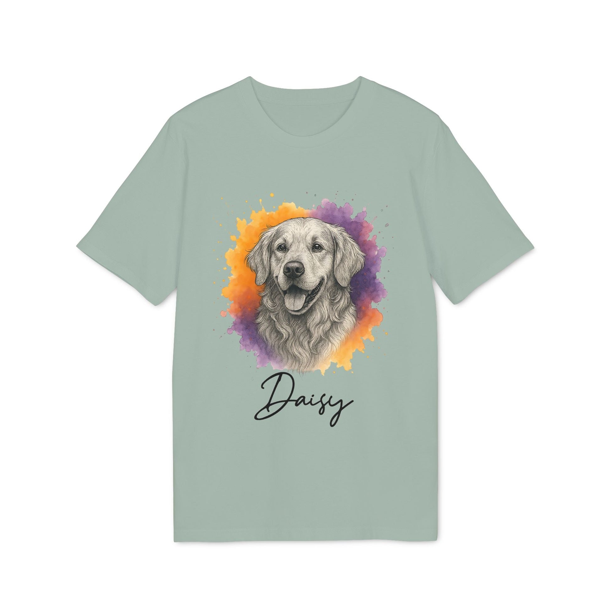 Golden Retriever Personalized Sustainable Unisex Tee with watercolor golden retriever portrait and custom name “Daisy” on sage green shirt