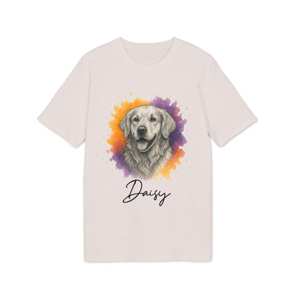Alt Tag: Golden Retriever Personalized Sustainable Unisex Tee with golden retriever watercolor portrait and custom name "Daisy" on light unisex t-shirt