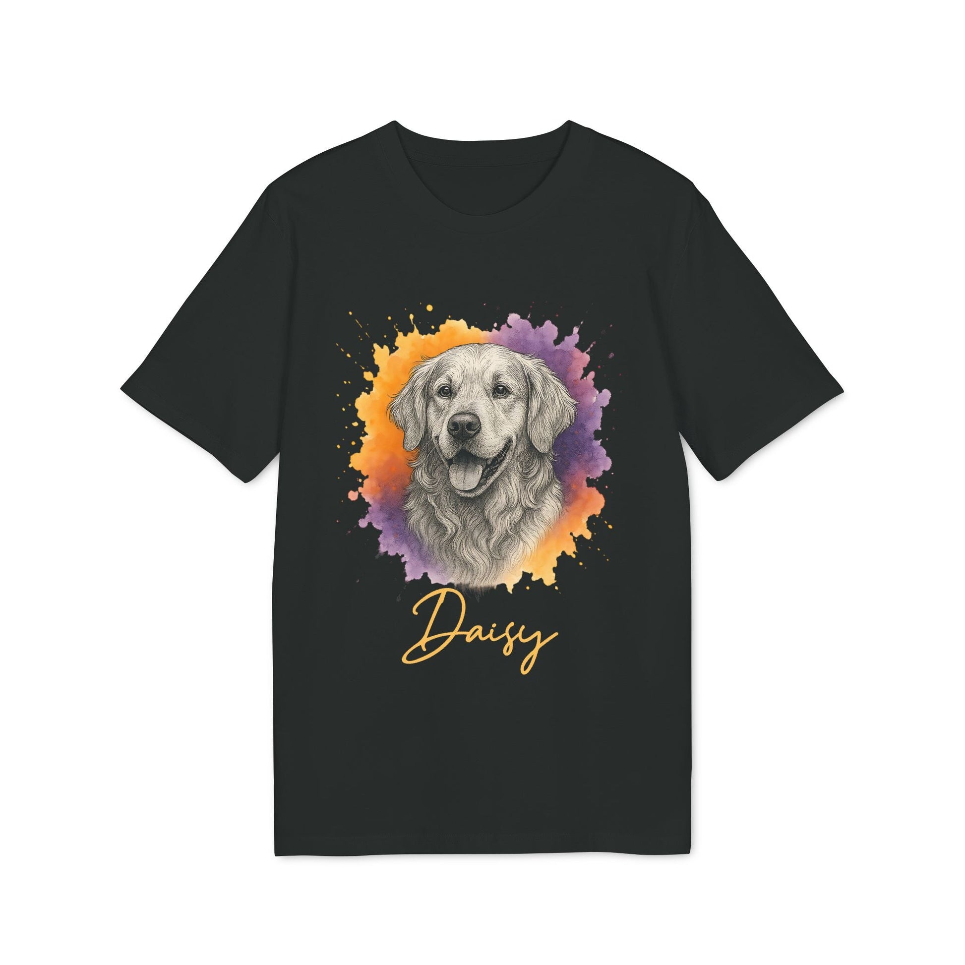 Alt Tag: Golden Retriever Personalized Sustainable Unisex Tee with golden retriever portrait graphic and Daisy name on black t-shirt
