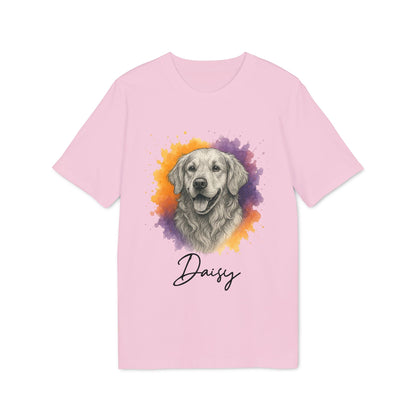 Golden Retriever Personalized Sustainable Unisex Tee in pink with watercolor golden retriever portrait and custom name Daisy