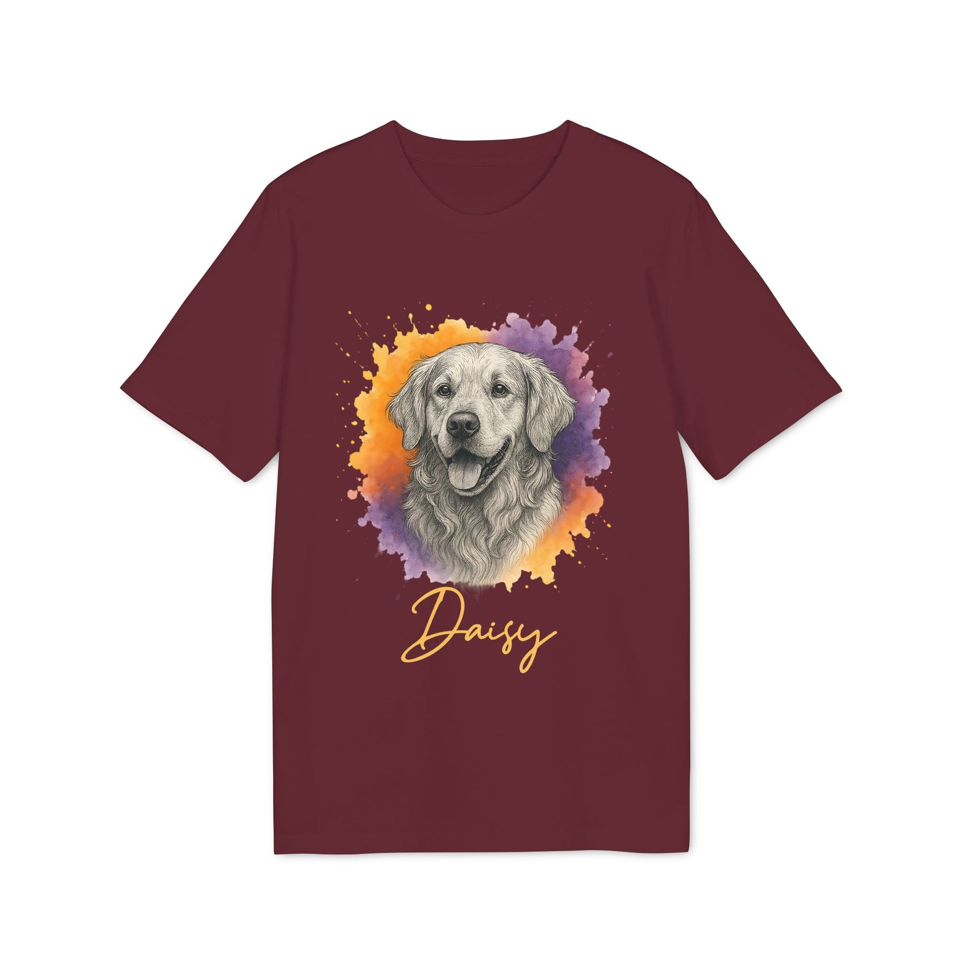 Golden Retriever Personalized Sustainable Unisex Tee in burgundy with watercolor Golden Retriever portrait and custom name “Daisy”