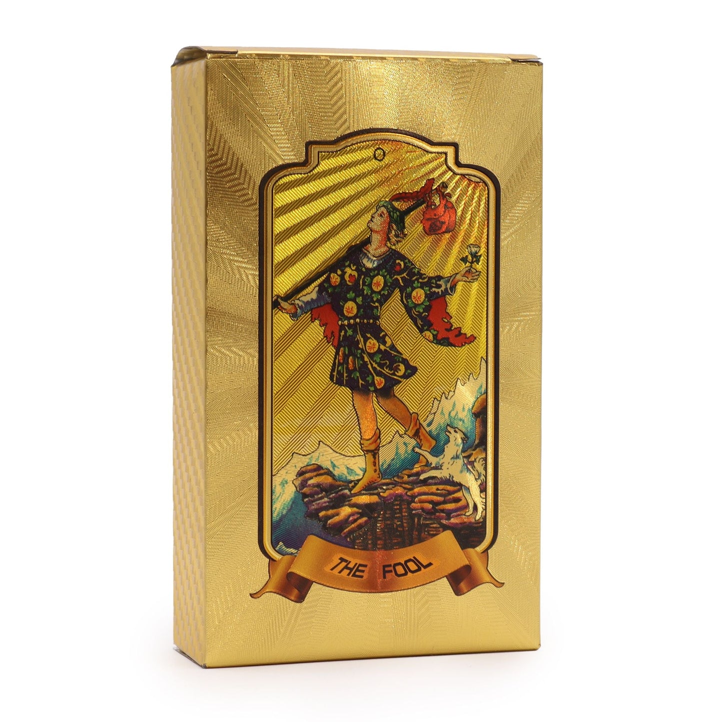 Alt Tag: Golden Tarot Card Set – 78-Card Deck gold foil box featuring The Fool Rider–Waite-inspired artwork