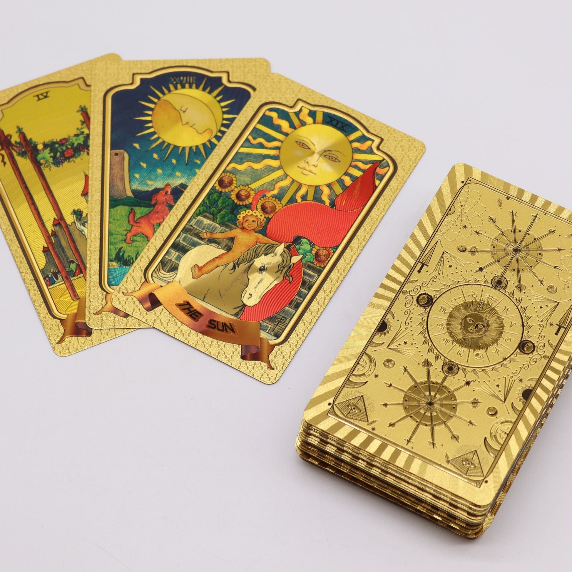 Golden Tarot Card Set – 78-Card Deck with gold foil Rider–Waite-inspired tarot cards and PET plastic deck, Sun card shown