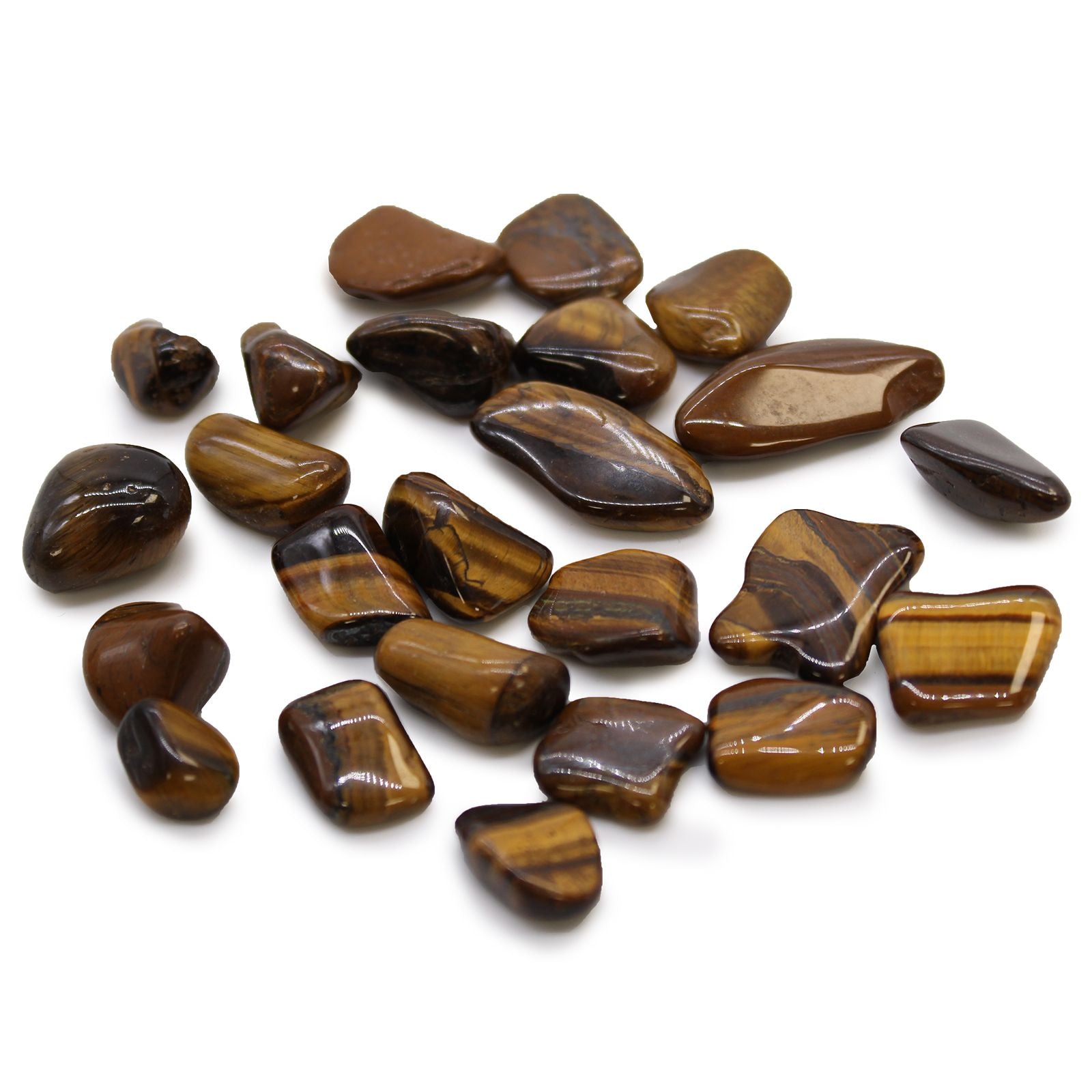 Alt Tag: Golden Tiger’s Eye Gemstone – 24-Piece Tumble Set, piedras pulidas pequeñas de ojo de tigre dorado con vetas marrones, vista superior