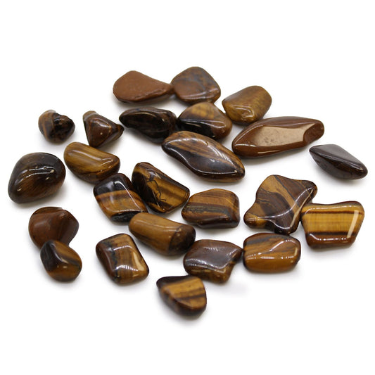 Alt Tag: Golden Tiger’s Eye Gemstone – 24-Piece Tumble Set, piedras pulidas pequeñas de ojo de tigre dorado con vetas marrones, vista superior