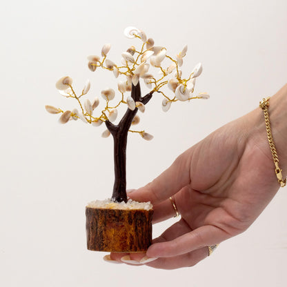 Gemstone Gomati Chakra Stone Tree – 60 Stones handmade wire gemstone bonsai on wooden base, held in hand