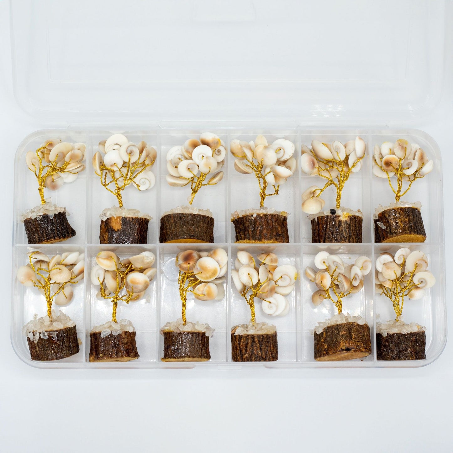 Gemstone Gomati Chakra Stone Trees – 15 Stones, mini handmade Gomati Chakra stone trees in plastic storage box