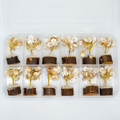 Gemstone Gomati Chakra Stone Trees – 15 Stones, mini handmade Gomati Chakra stone trees in plastic storage box