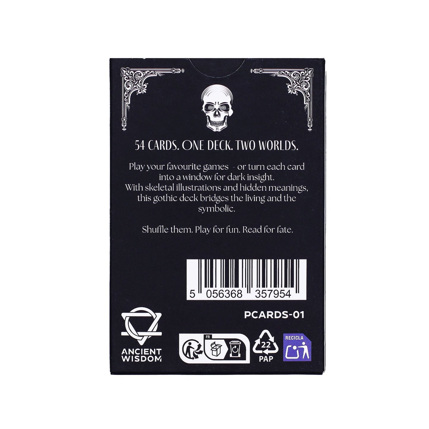 Gothic Memento Mori Cards – 9x2x6 CM deck back box showing skull artwork, 54-card text and barcode
