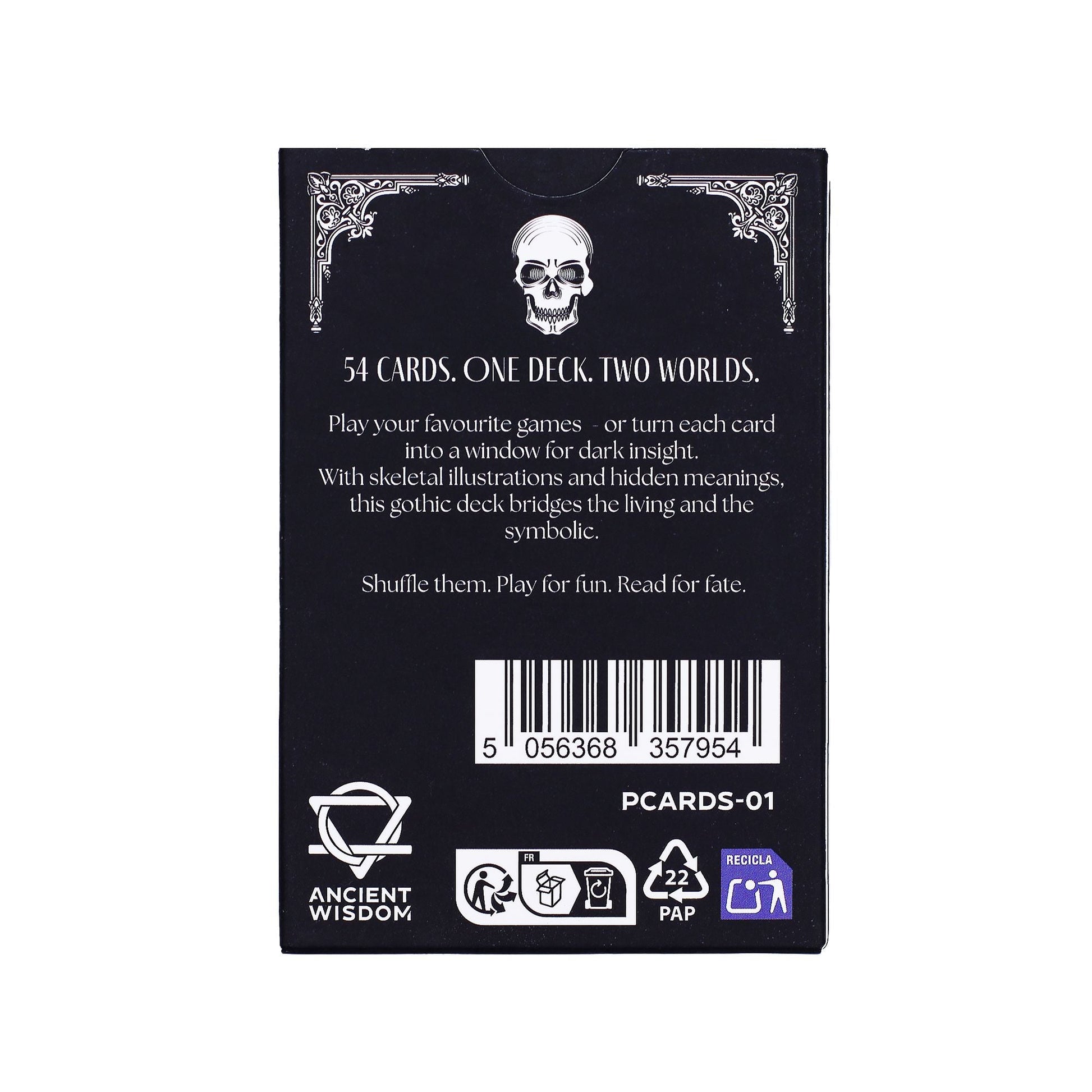 Gothic Memento Mori Cards – 9x2x6 CM deck back box showing skull artwork, 54-card text and barcode