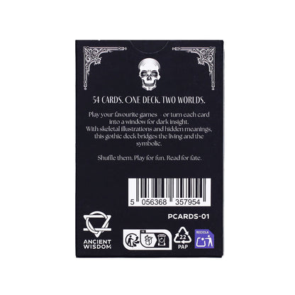 Gothic Memento Mori Cards – 9x2x6 CM deck back box showing skull artwork, 54-card text and barcode