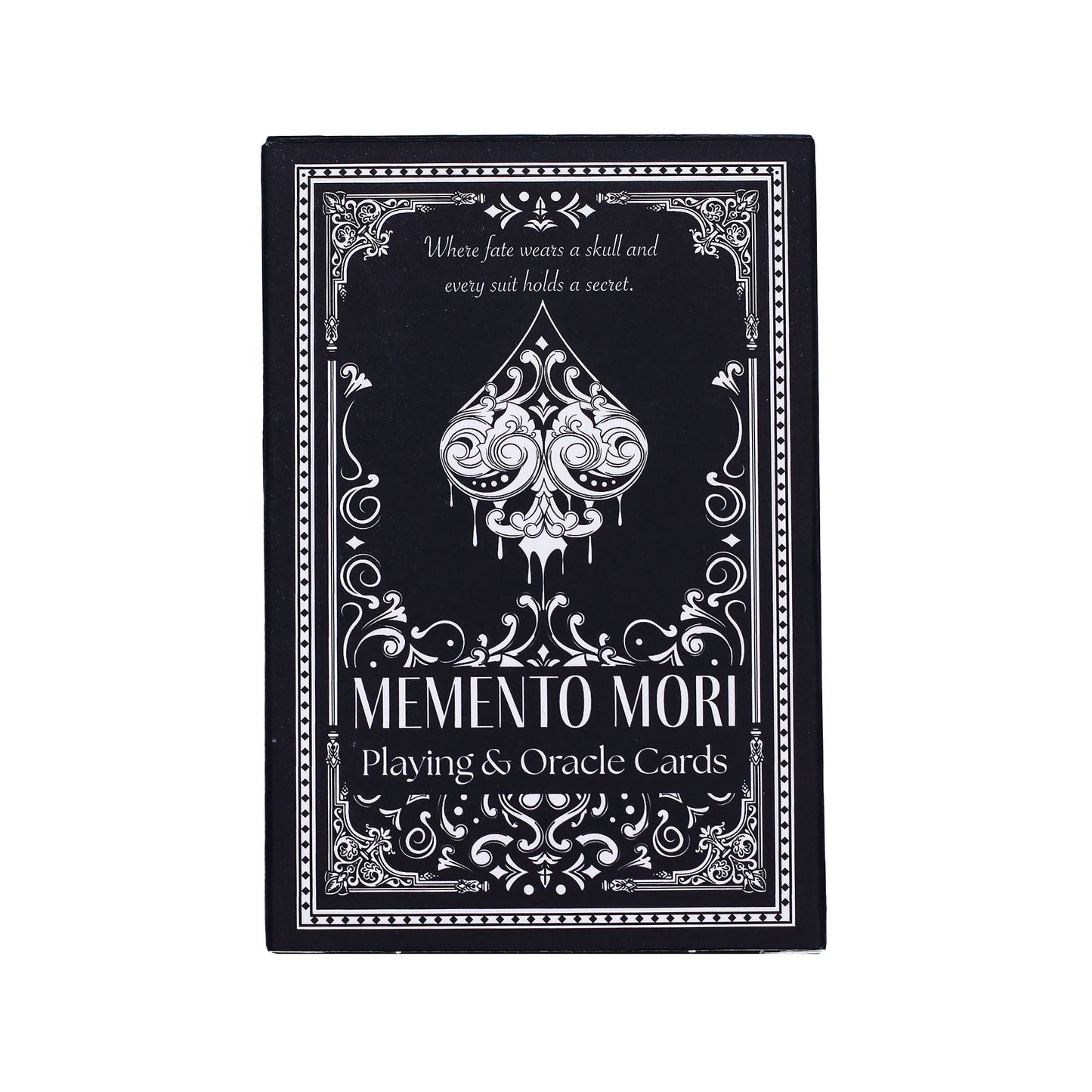 Alt Tag: Gothic Memento Mori Cards – 9x2x6 CM caja del mazo Playing & Oracle Cards con diseño gótico en negro y blanco