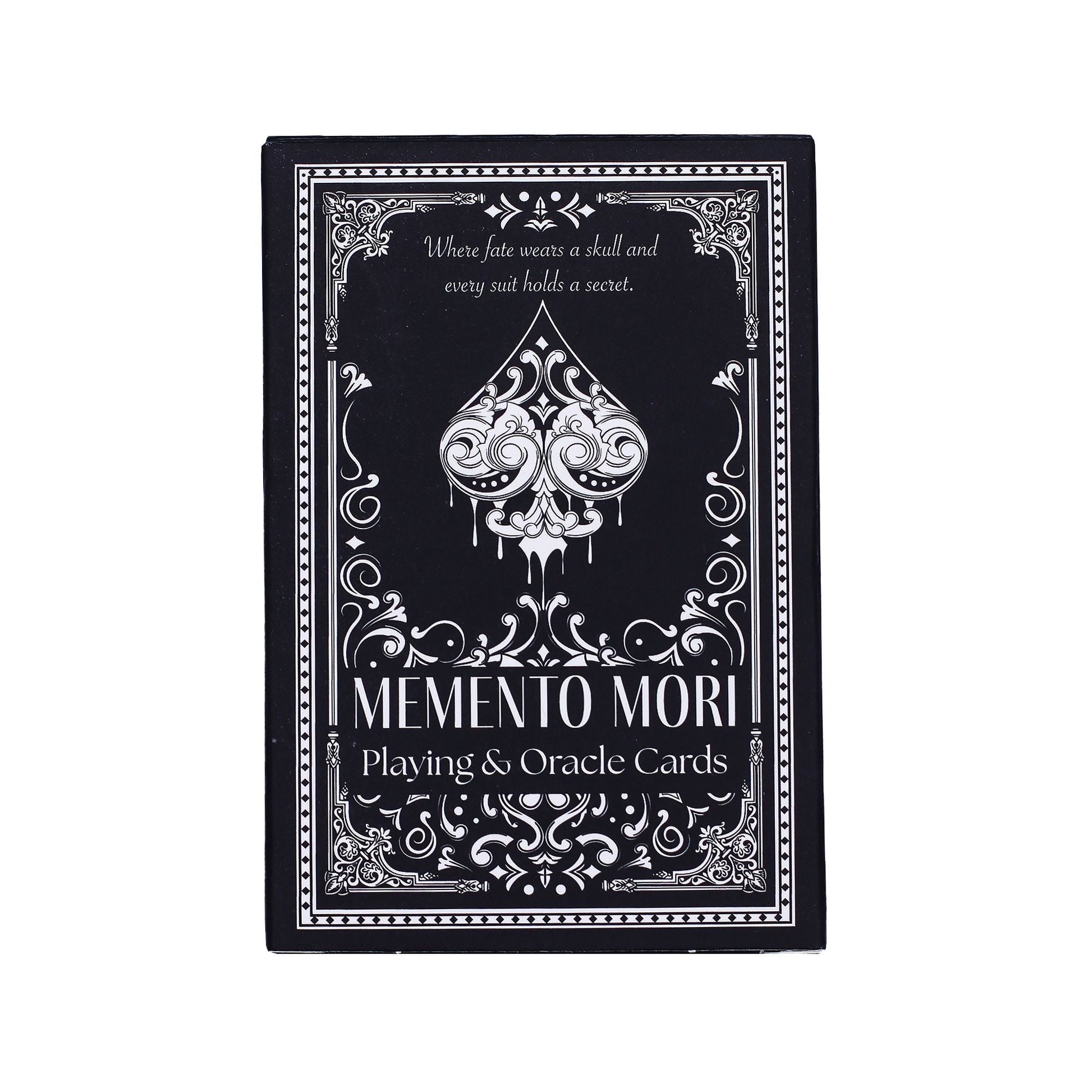 Alt Tag: Gothic Memento Mori Cards – 9x2x6 CM caja del mazo Playing & Oracle Cards con diseño gótico en negro y blanco