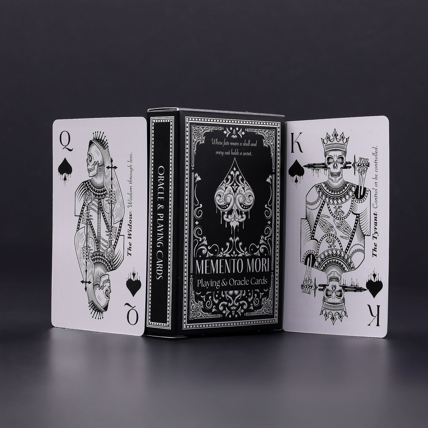Alt Tag: Gothic Memento Mori Cards – 9x2x6 CM deck with black box and illustrated queen and king playing & oracle cards displayed
