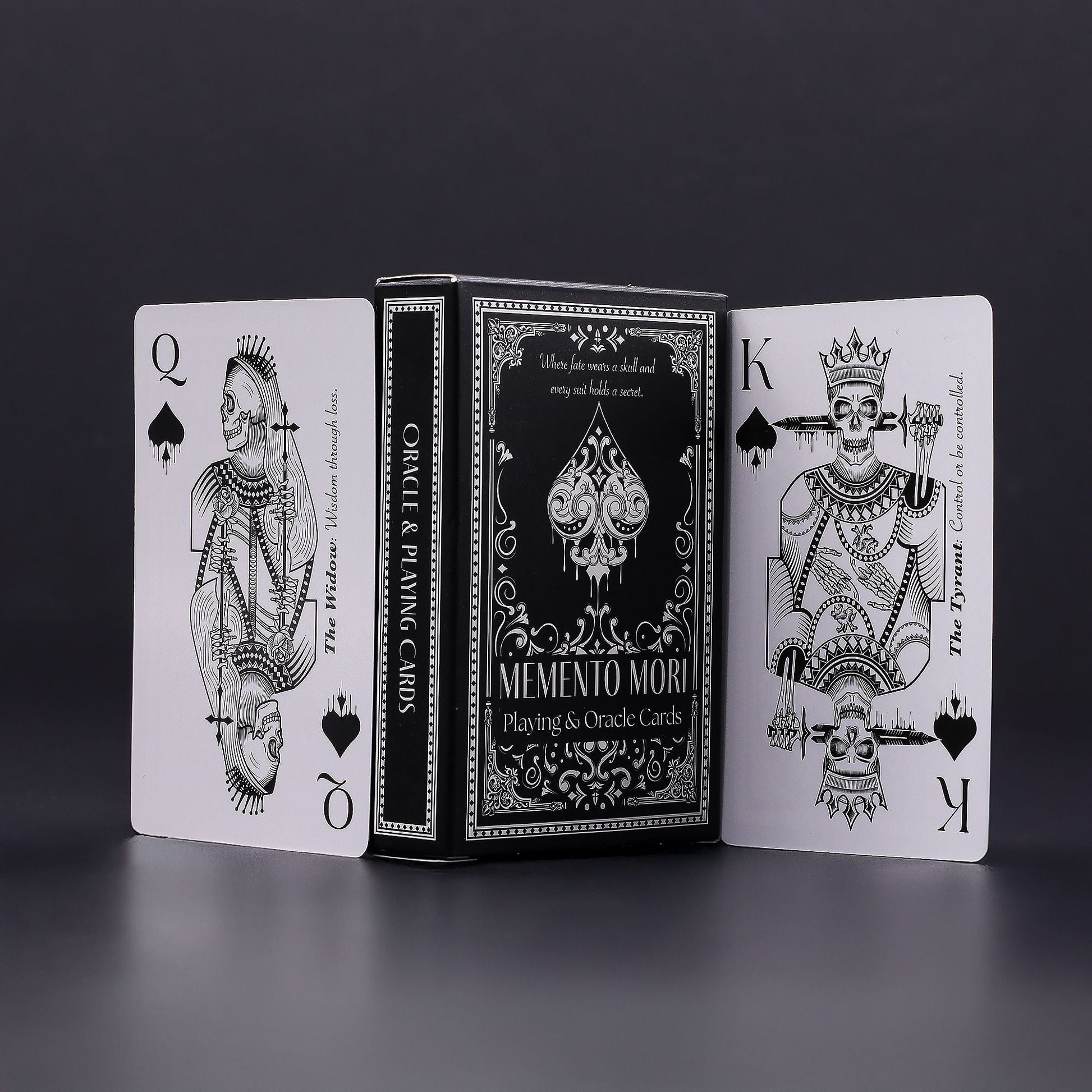 Alt Tag: Gothic Memento Mori Cards – 9x2x6 CM deck with black box and illustrated queen and king playing & oracle cards displayed
