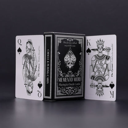 Alt Tag: Gothic Memento Mori Cards – 9x2x6 CM deck with black box and illustrated queen and king playing & oracle cards displayed