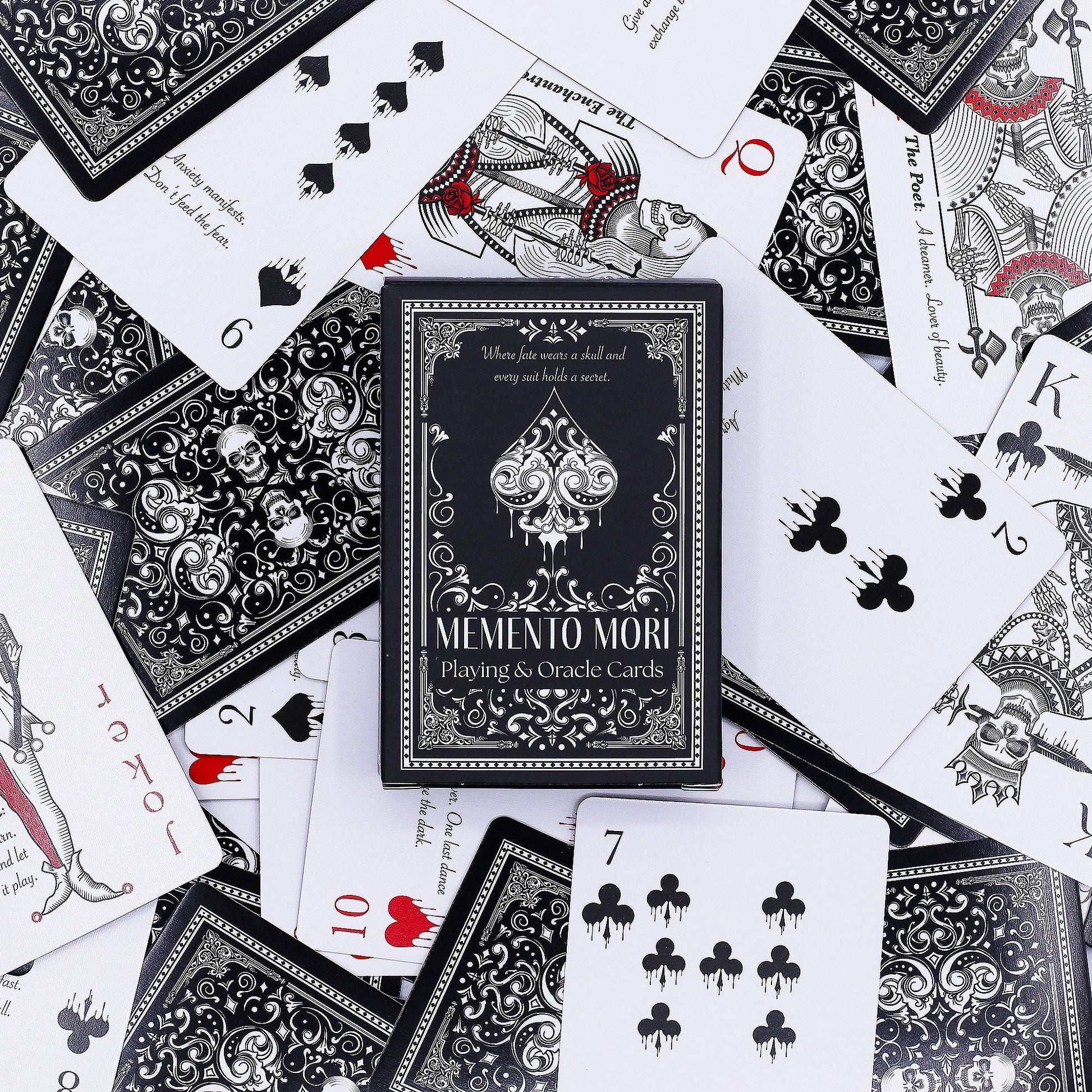 Alt Tag: Gothic Memento Mori Cards – 9x2x6 CM deck with ornate black-and-white gothic playing and oracle card designs