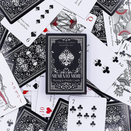 Alt Tag: Gothic Memento Mori Cards – 9x2x6 CM deck with ornate black-and-white gothic playing and oracle card designs