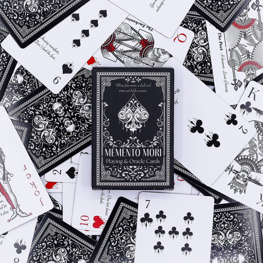 Alt Tag: Gothic Memento Mori Cards – 9x2x6 CM deck with ornate black-and-white gothic playing and oracle card designs
