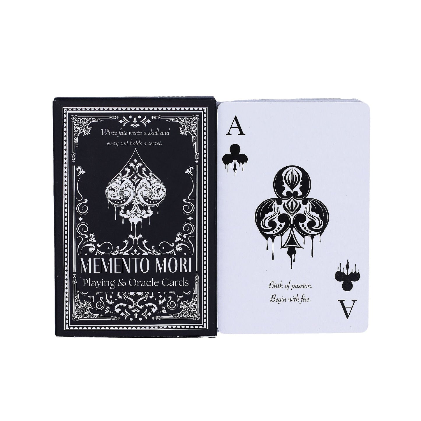 Alt Tag: Gothic Memento Mori Cards – 9x2x6 CM deck box and Ace of Spades card, black and white gothic playing & oracle cards