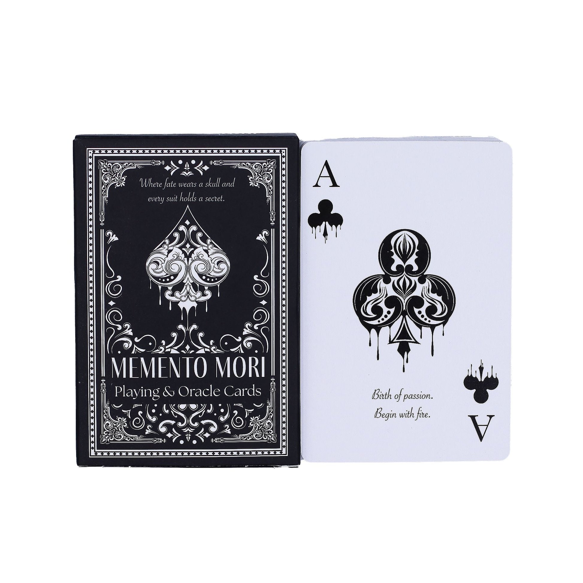 Alt Tag: Gothic Memento Mori Cards – 9x2x6 CM deck box and Ace of Spades card, black and white gothic playing & oracle cards
