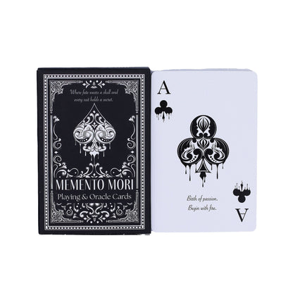 Alt Tag: Gothic Memento Mori Cards – 9x2x6 CM deck box and Ace of Spades card, black and white gothic playing & oracle cards