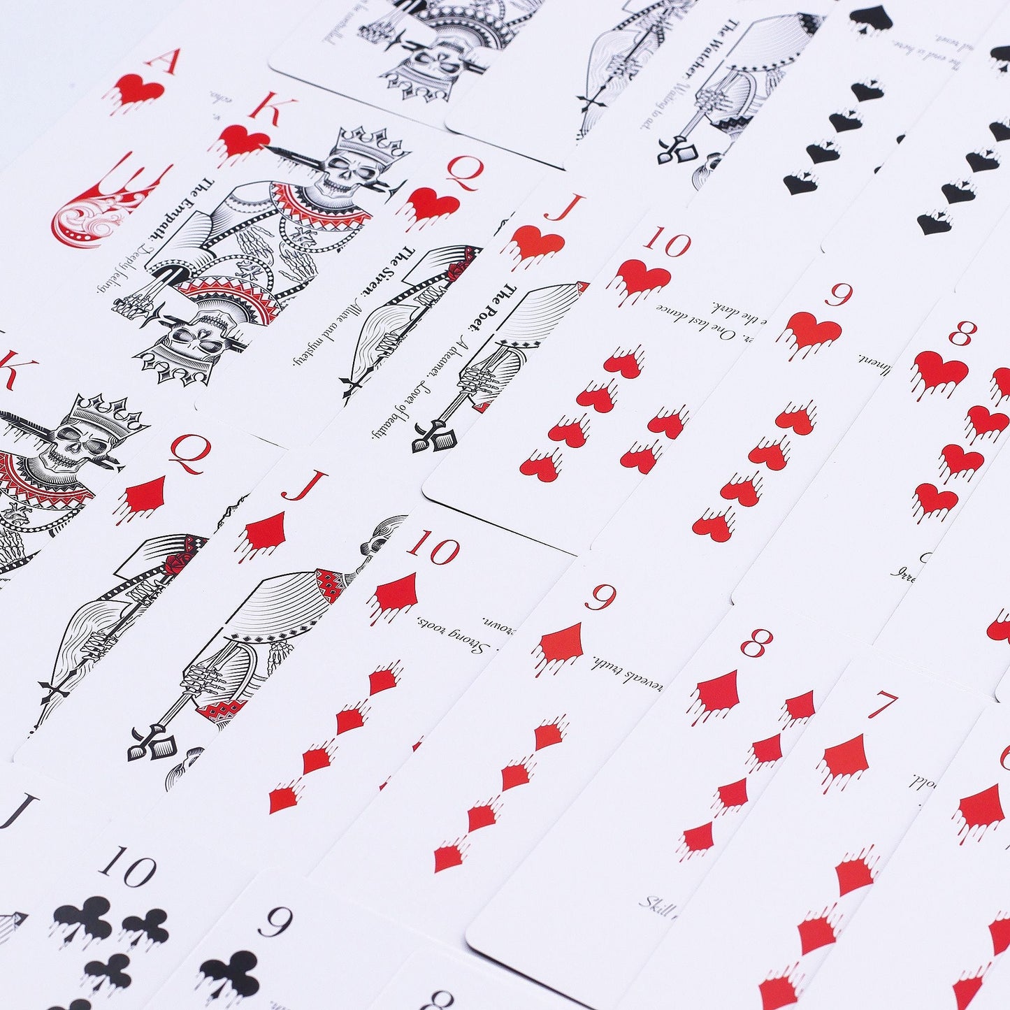 Alt Tag: Gothic Memento Mori Cards – 9x2x6 CM deck with black-and-red playing cards laid out, gothic-style illustrated court cards