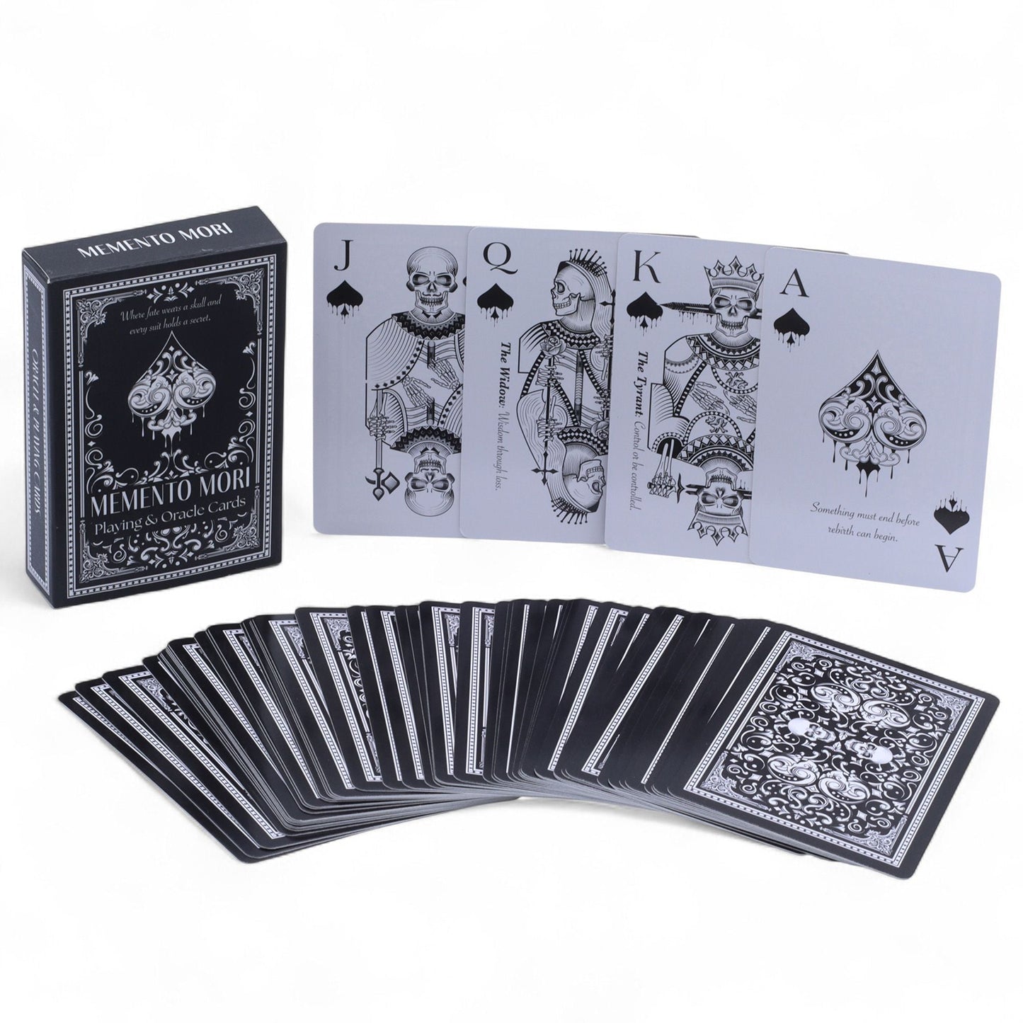 Alt Tag: Gothic Memento Mori Cards – 9x2x6 CM deck with gothic skull playing and oracle cards, black box packaging and fanned cards