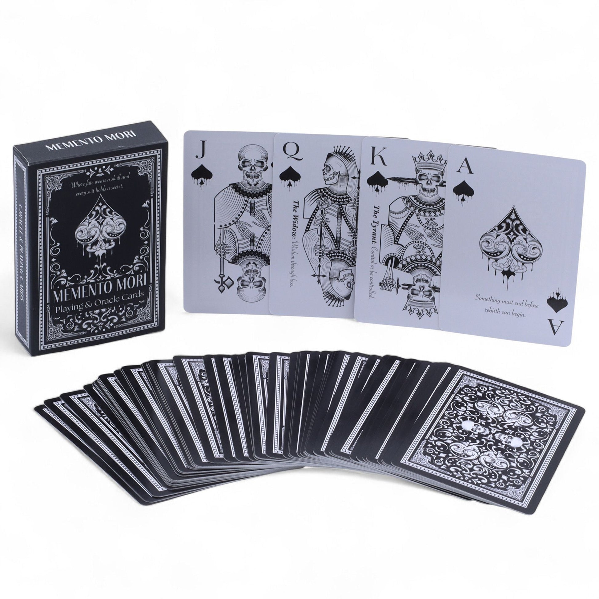 Alt Tag: Gothic Memento Mori Cards – 9x2x6 CM deck with gothic skull playing and oracle cards, black box packaging and fanned cards
