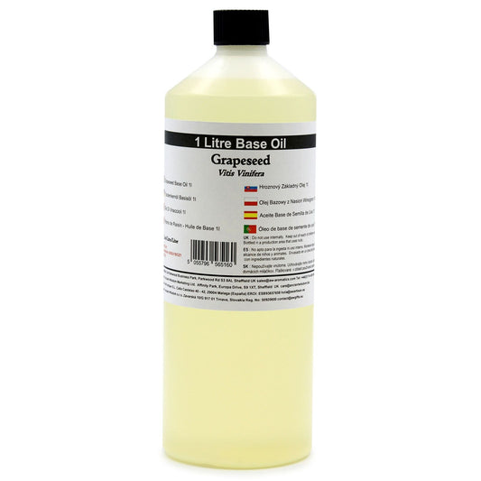 Alt Tag: Grapeseed Base Oil – 1 Litre botella de 1 litro, aceite base de semilla de uva, textura ligera y de rápida absorción para masaje