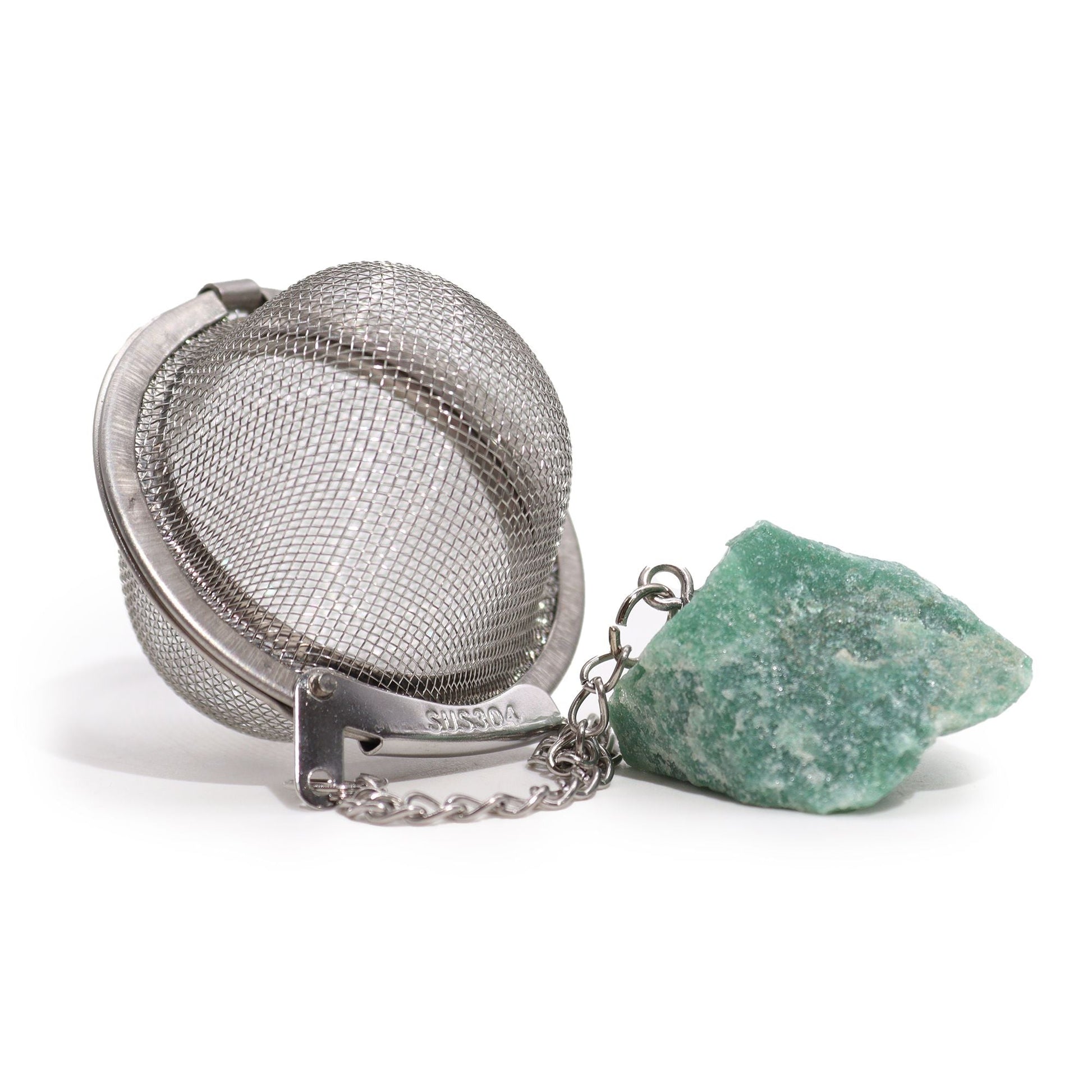 Alt Tag: Green Aventurine Crystal Tea Strainer – 7.5x5 CM stainless steel mesh tea infuser with green aventurine gemstone charm