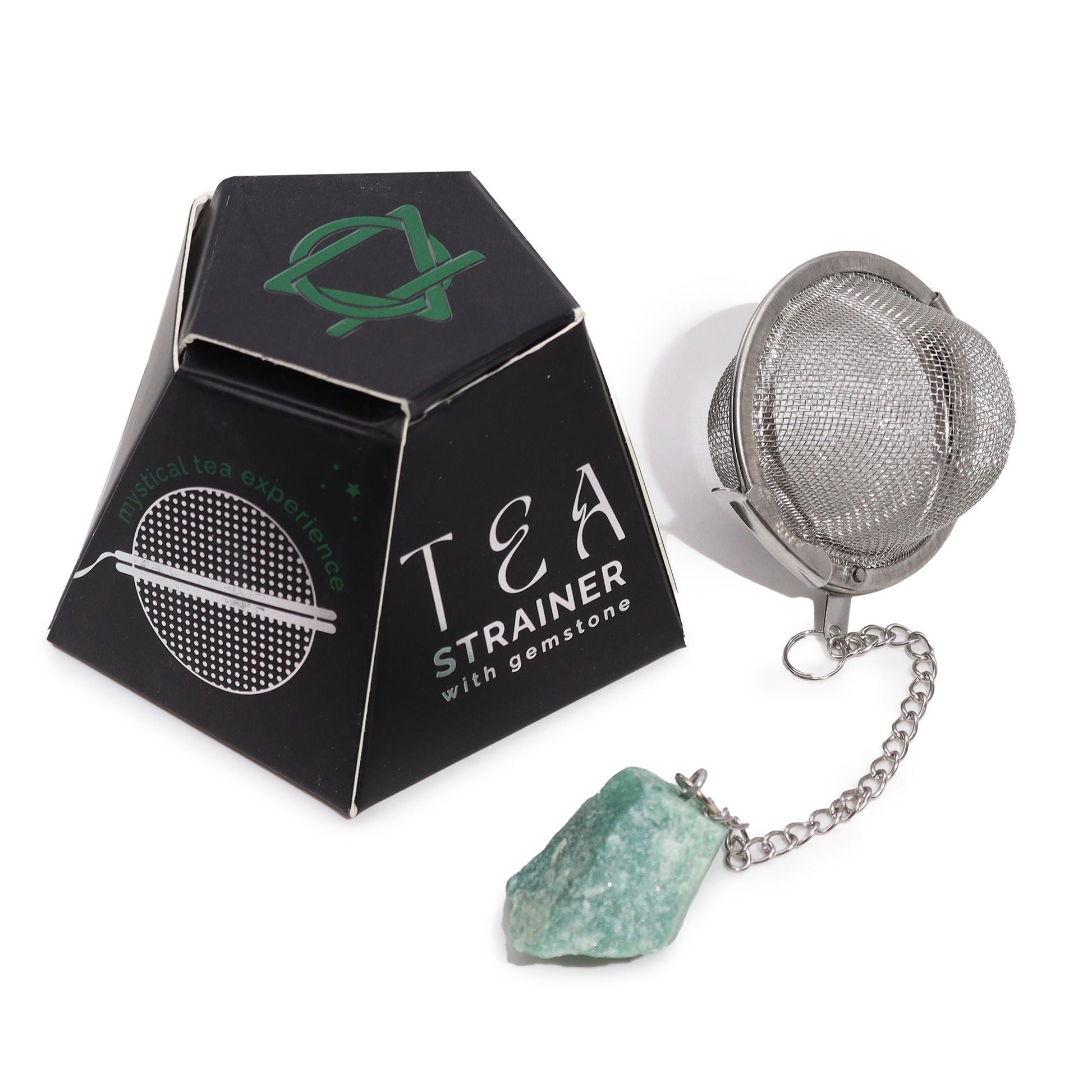 Alt Tag: Green Aventurine Crystal Tea Strainer – 7.5x5 CM stainless steel mesh tea infuser with green aventurine gemstone and chain