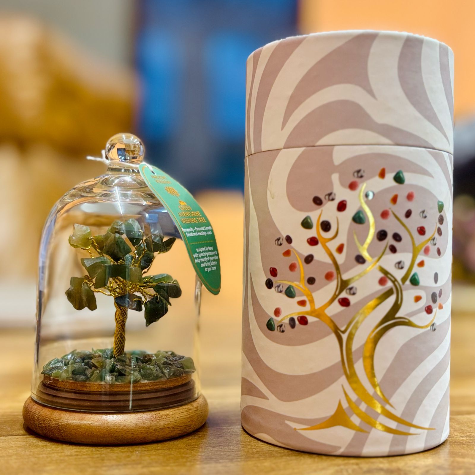 Alt Tag: Green Aventurine Gemstone Garden – 30 Chipstones gemstone tree decor under glass dome with wooden base