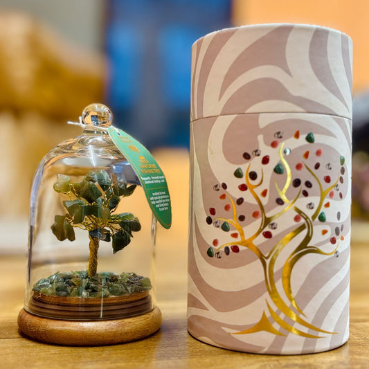 Alt Tag: Green Aventurine Gemstone Garden – 30 Chipstones gemstone tree decor under glass dome with wooden base