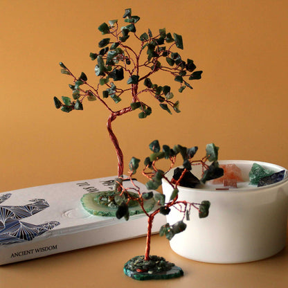 Alt Tag: Green Aventurine Gemstone Tree – 35 Stones with green aventurine chips on wire branches and green agate base, home decor