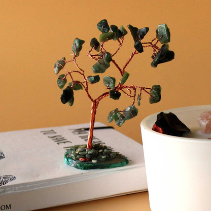 Green Aventurine Gemstone Tree – 35 Stones on green agate base, handmade copper wire gemstone bonsai decor, 7 x 4.5 x 10 cm