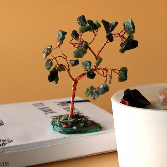 Green Aventurine Gemstone Tree – 35 Stones on green agate base, handmade copper wire gemstone bonsai decor, 7 x 4.5 x 10 cm