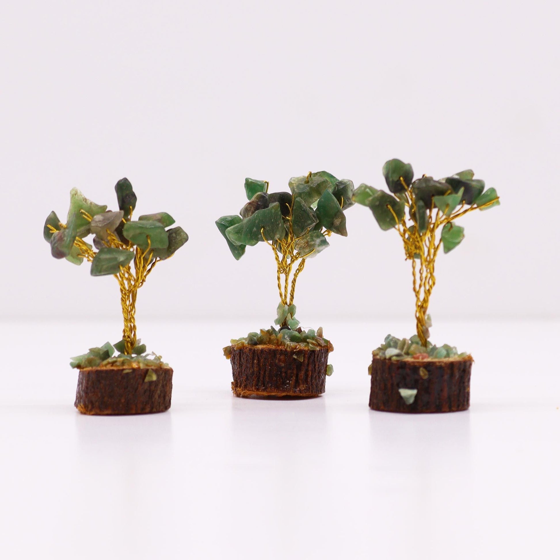 Green Aventurine Gemstone Tree – 6CM, 15 Stones mini crystal bonsai on rustic wood base, handcrafted in India, trio set