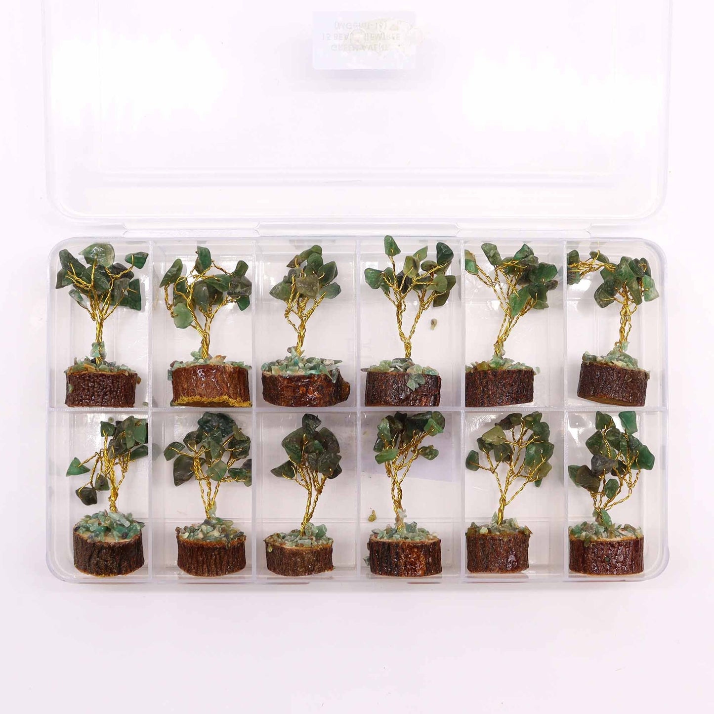 Alt Tag: Green Aventurine Gemstone Tree – 6CM, 15 Stones set in storage box, mini gemstone trees with green aventurine chips on wood base