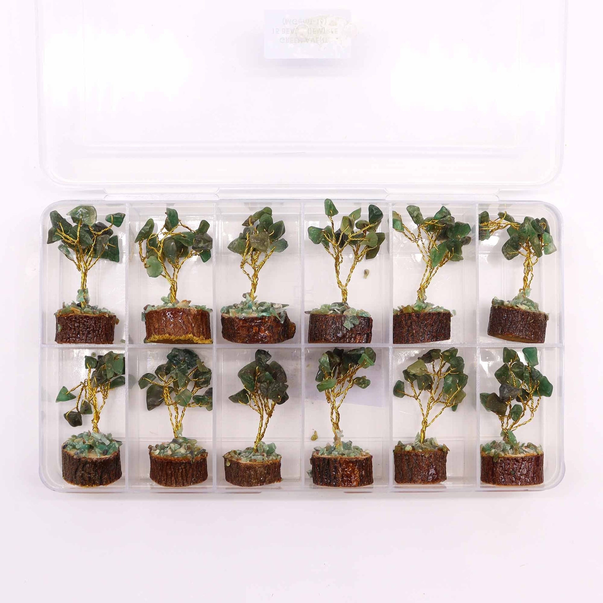 Alt Tag: Green Aventurine Gemstone Tree – 6CM, 15 Stones set in storage box, mini gemstone trees with green aventurine chips on wood base