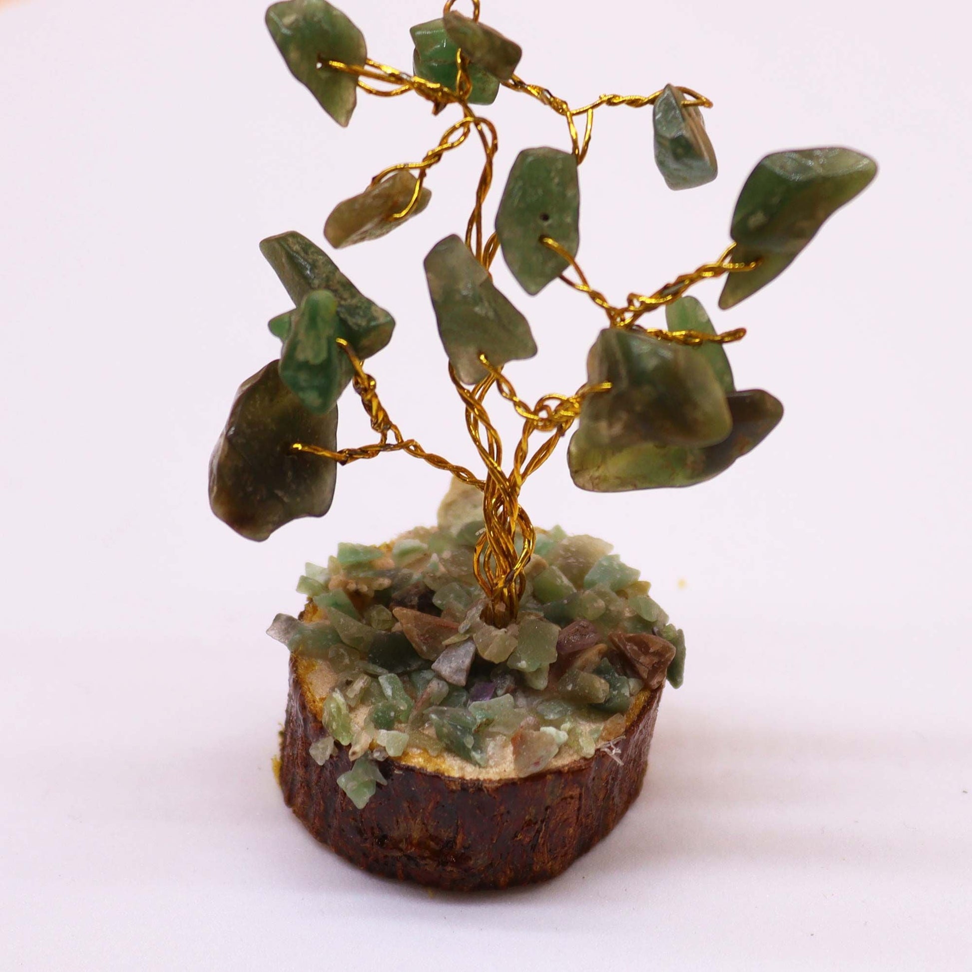 Alt Tag: Green Aventurine Gemstone Tree – 6CM, 15 Stones crystal tree on rustic wood base with 15 green aventurine stones